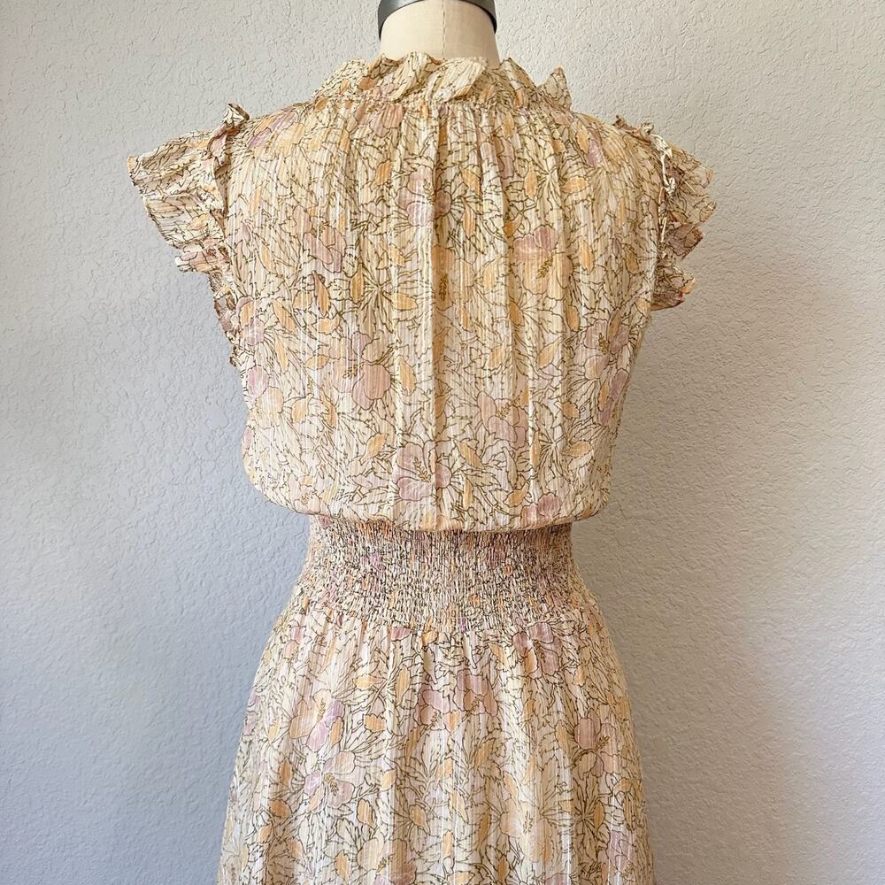 REBECCA TAYLOR Dress Cream Floral Silk Ruffled Smocked Metallic Party - Picture 4 of 12
